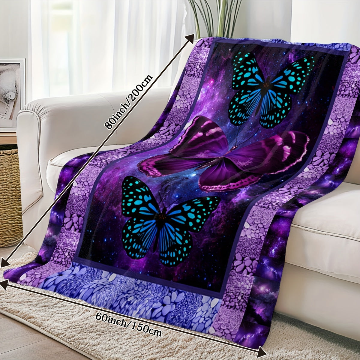 Purple Butterfly Flannel Blanket- Modern Style Reversible Digital Print Animal Theme, Suitable for All Seasons, Multifunctional Microfiber Bedding, Machine Washable- Moon Palace