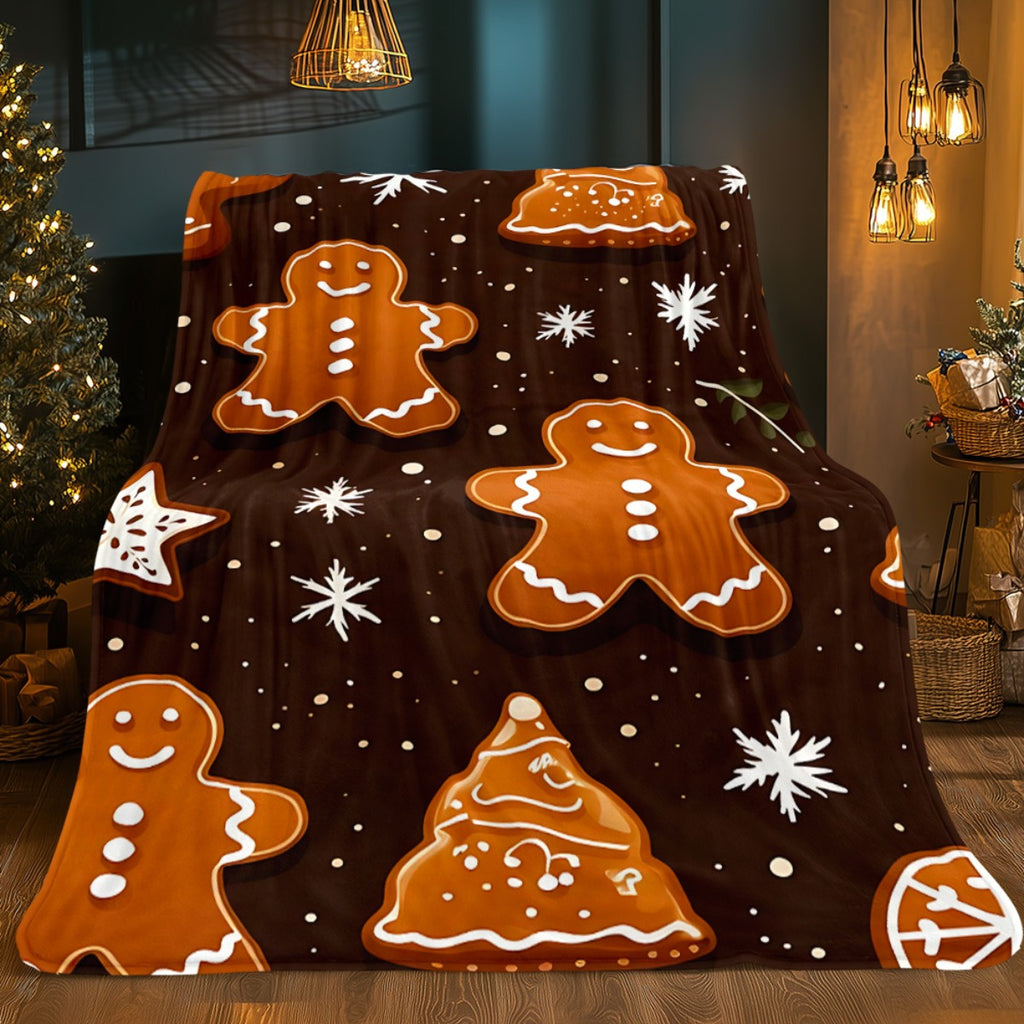 1pc Gingerbread for Man and Snowflake Christmas Themed Brown Flannel Large Blanket, Holiday Decorative Design, Large Plush Throw Blanket, Suitable for Weekend Sofa Naps, Bedroom Bed Use, and Seasonal Home Use