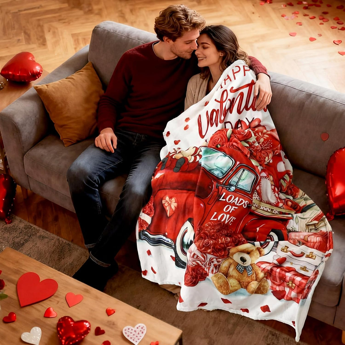 Breling Happy Valentine's Day Throw Flannel Blanket Red Truck Heart Cozy Fuzzy Warm Throw Blanket with Valentine's Themed Print Gift for Couch Sofa Bed Home Decor 60x50