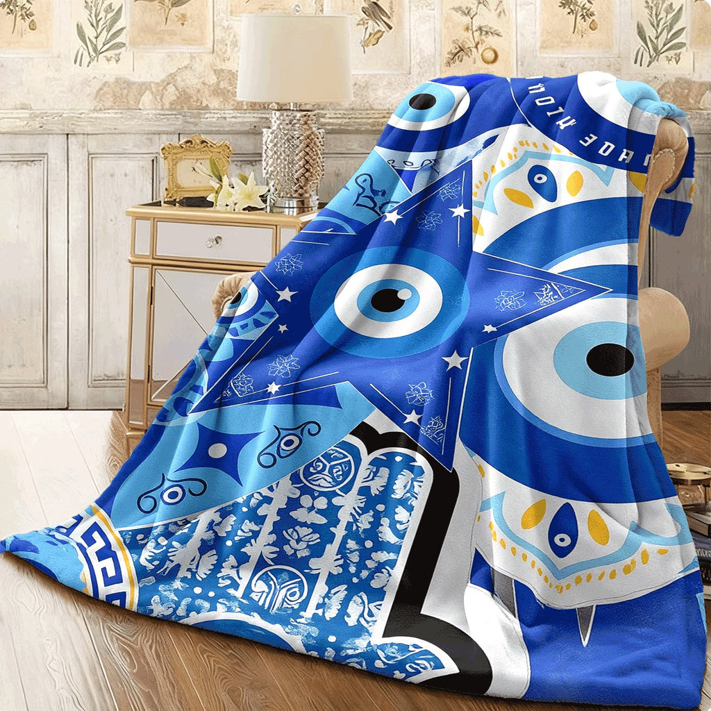 1pc Bohemian Style Flannel Blanket with Evil Eye And Star Pattern Ultra-Soft Warm Machine Washable All-Season Comfort for Sofa Travel Camping And Home Decor Blue And Black Design