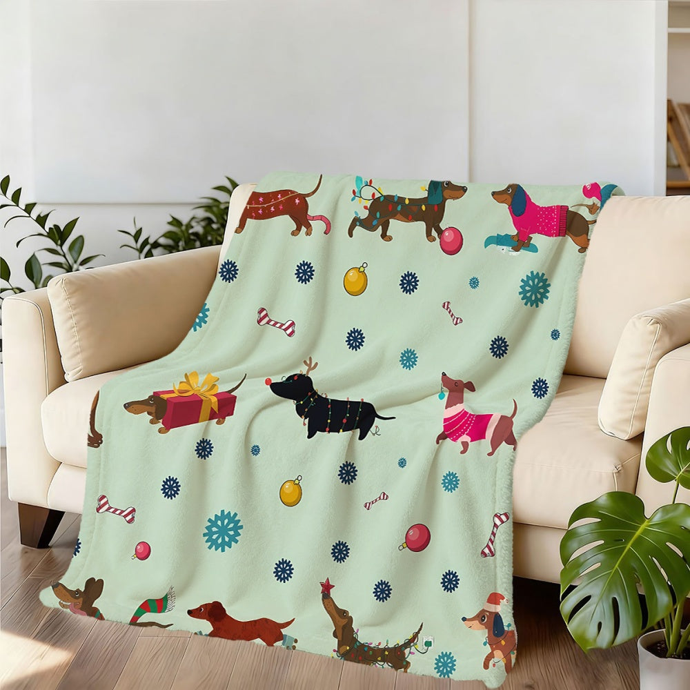1pc Christmas Dog-Themed Flannel Blanket, Soft Comfortable Warm, Light Green Design, All-Season Blanket, Warm Cover, Multiple Sizes Available, Suitable for Living Room Sofa, Bedroom, Office Rest, Reading Time, And Holiday Decor