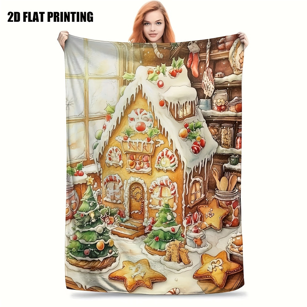1pc Gingerbread House And Christmas Tree Theme Flannel Oversized Blanket, Festive Decor Design, Large Plush Throw, Suitable for Reading Time, Dorm Life, Balcony Leisure