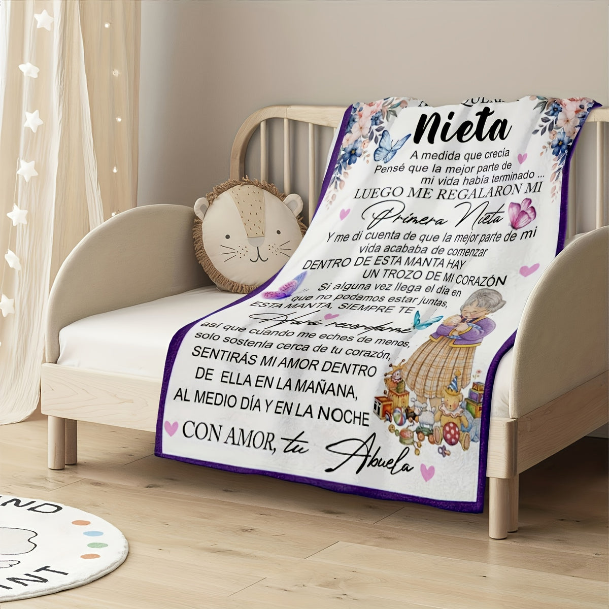 1pc of Butterfly Floral Design Spanish Letter Throw Blanket, a Gift Blanket for My Granddaughter from Grandma, Soft And Cozy Flannel Blankets, Lightweight Fuzzy Print Blanket Suitable for Couch, Sofa, Bed, Office, Travel, Camping Chair