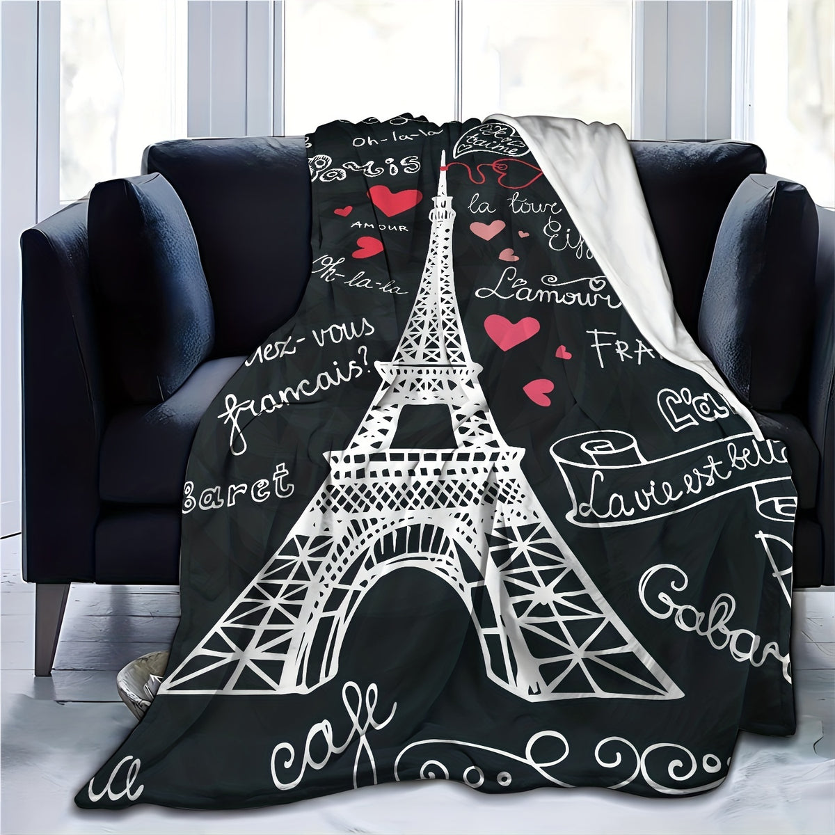 1pc Eiffel Tower with French-Style Romantic Handwritten Font Pattern Flannel Blanket, Soft, Comfortable, and Warm, with a Black Background and White Print Design, Durable Plush Surface, All-season Universal Sofa Throw, Warm Lap Blanket