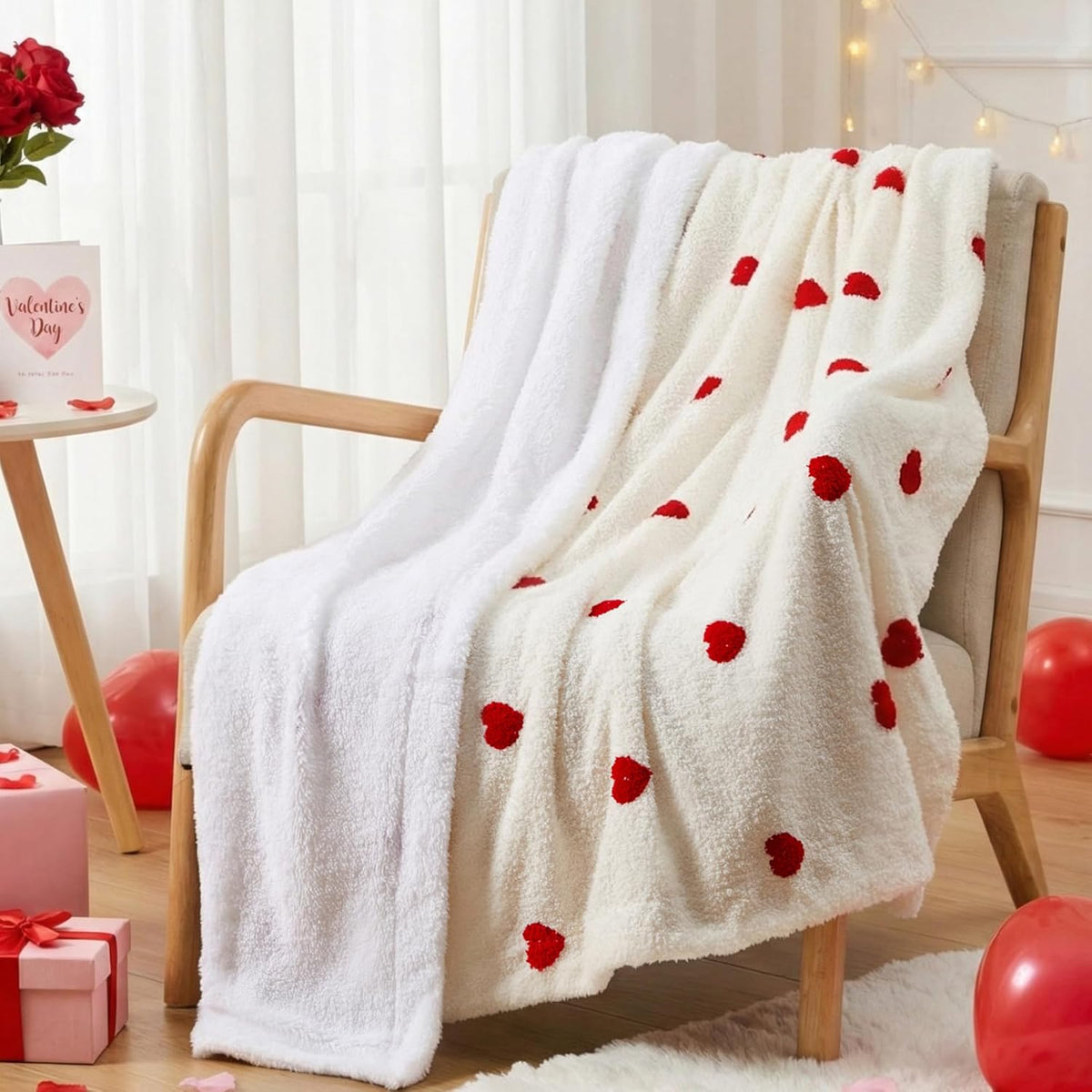 50 X 60 Inch Throw Blanket, Soft And Cozy, Fluffy Design, Perfect for Valentine'S Day. This Double-Layer Fuzzy Flannel Throw Is an Ideal Gift for Couples, Suitable for Bed, Couch, Sofa, And Living Room, Featuring a Red Heart Pattern