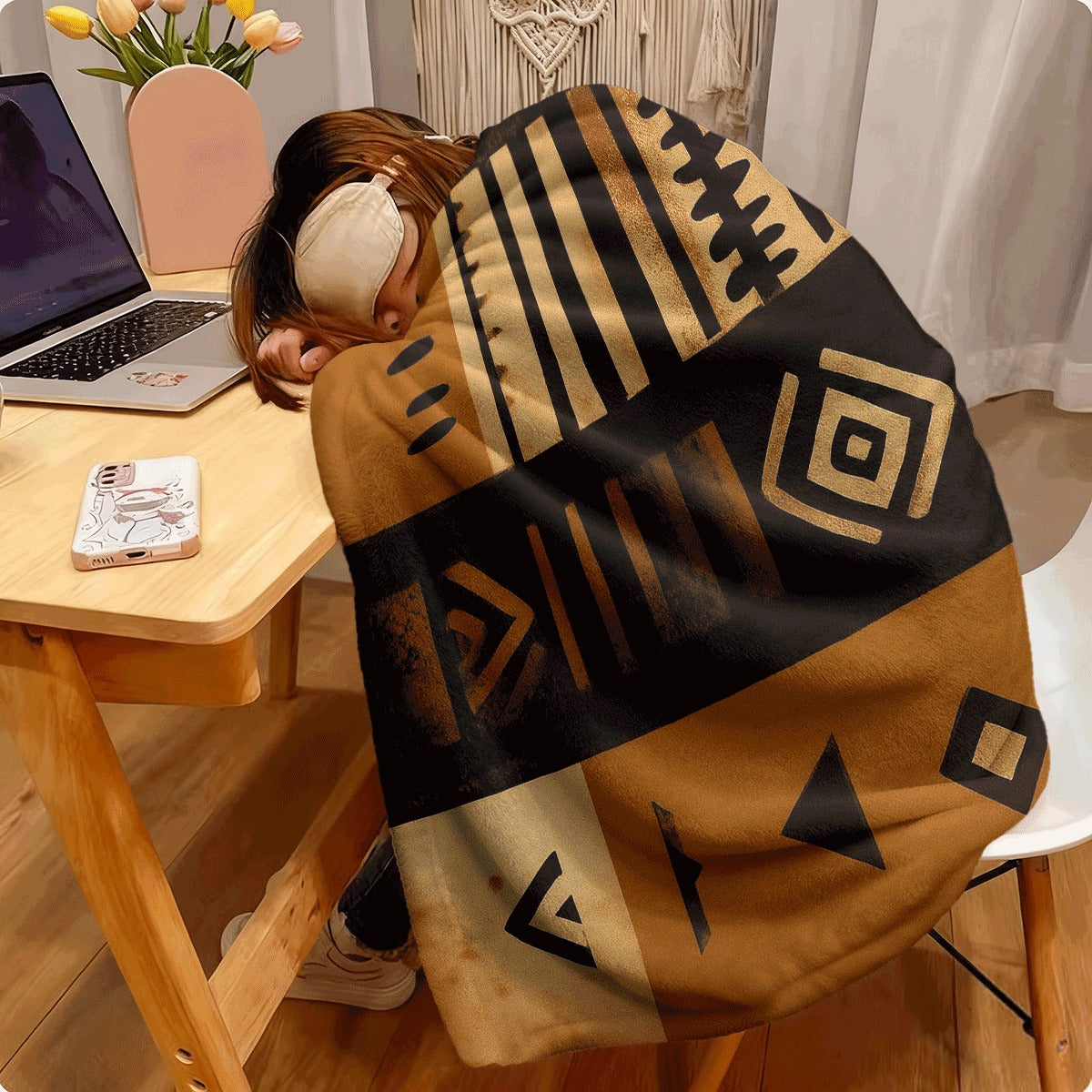 1pc a Blanket Printed on One Side, Inspired by an African Tribe, Showcasing Geometric Designs in Black, Brown, And Beige. Ideal for Camping, Home Use, Dormitories, And Travel, It Is Soft And Warm for Every Season