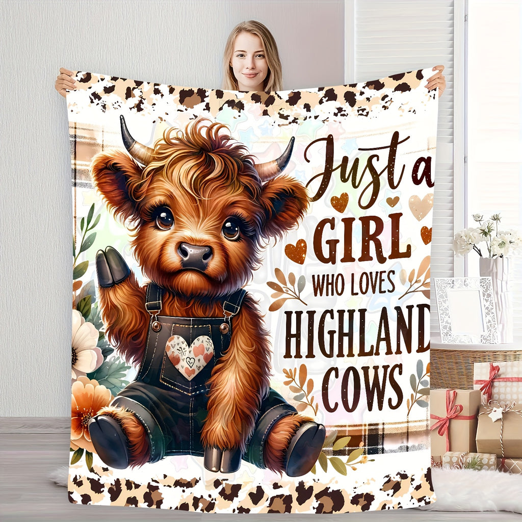 1pc a Cozy, Contemporary Flannel Blanket Featuring an Adorable Highland Cow Design. It'S Stylish, Soft, And Warm, Making It a Versatile Gift for Any Season. Perfect for Use on a Sofa, Bed, at The Office, Or While Traveling