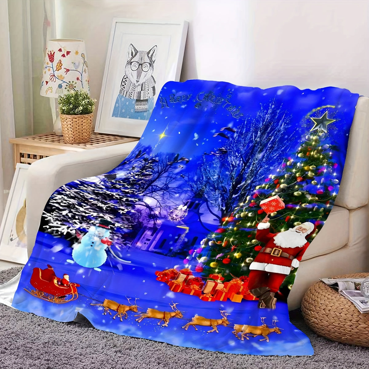 1pc, Santa Claus And Snowman Themed Blue Nightscape Flannel Blanket, Soft Comfortable Warm, Winter Holiday Design, Durable Plush, All-Season Sofa Blanket, Warm Cover, Multiple Sizes Available, Suitable for Living Room Sofa, Bedroom