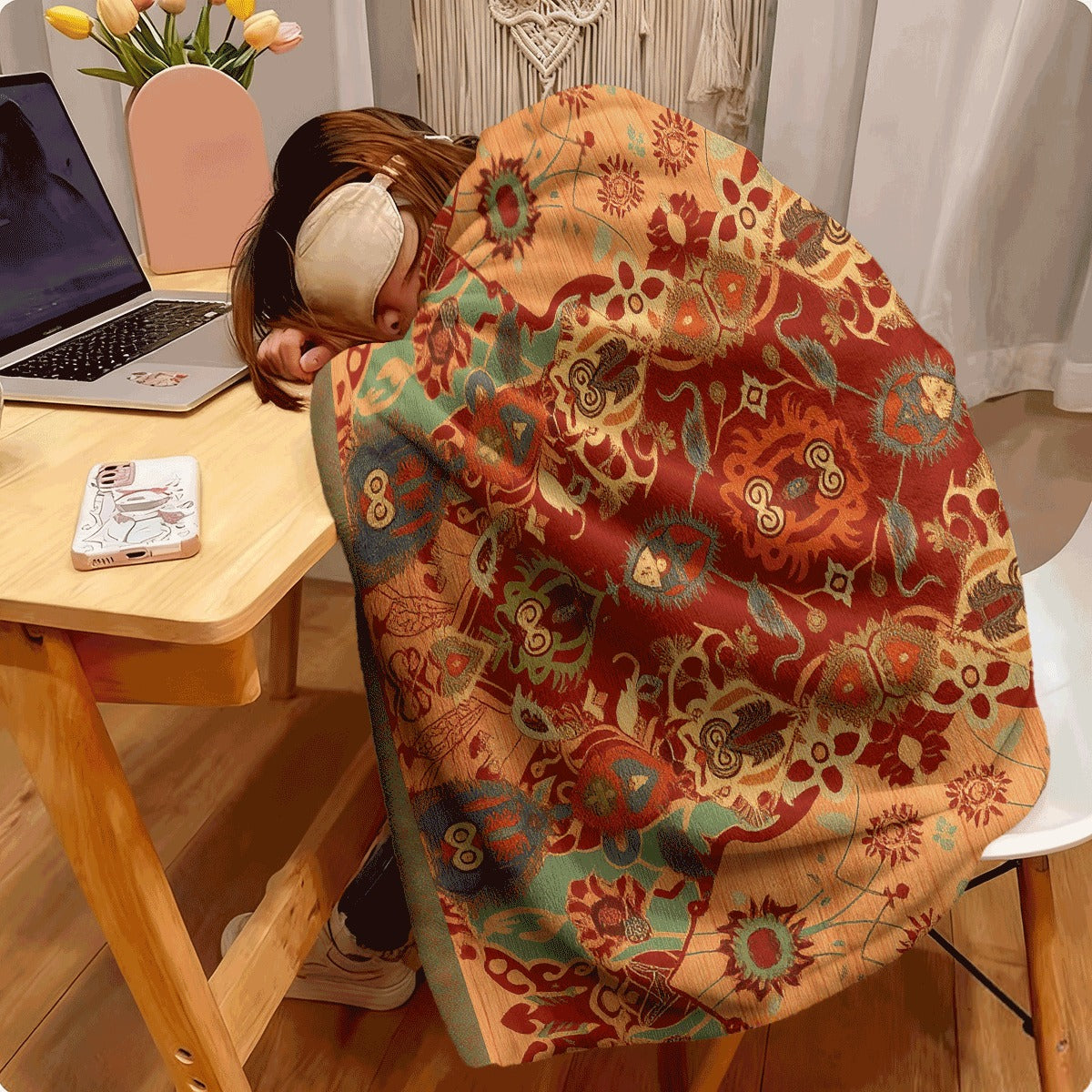 1pc A Vintage Bohemian Moroccan Style Blanket Ultra-Soft And Comfortable in Orange with Traditional Eastern Design Featuring a Single-Sided Print Suitable for S Sofas And Home Office Naps