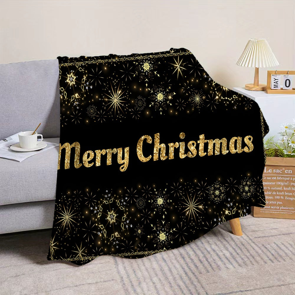 1pc Christmas Golden Fireworks And Snowflakes Pattern Merry Christmas Design Black Flannel Blanket, Soft Comfortable Warm, All-Season Blanket, Warm Cover, Suitable for Living Room Sofa, Bedroom, Casual Reading, Holiday Decor