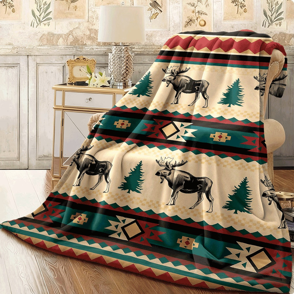 1pc Bohemian-Style Throw Blanket Featuring Moose And Pine Forest Designs, Made from Soft And Warm Flannel with Geometric Patterns. It'S Perfect for Use on a Sofa, in The Office, Or for Napping, Making It an Excellent Gift for Friends And Family