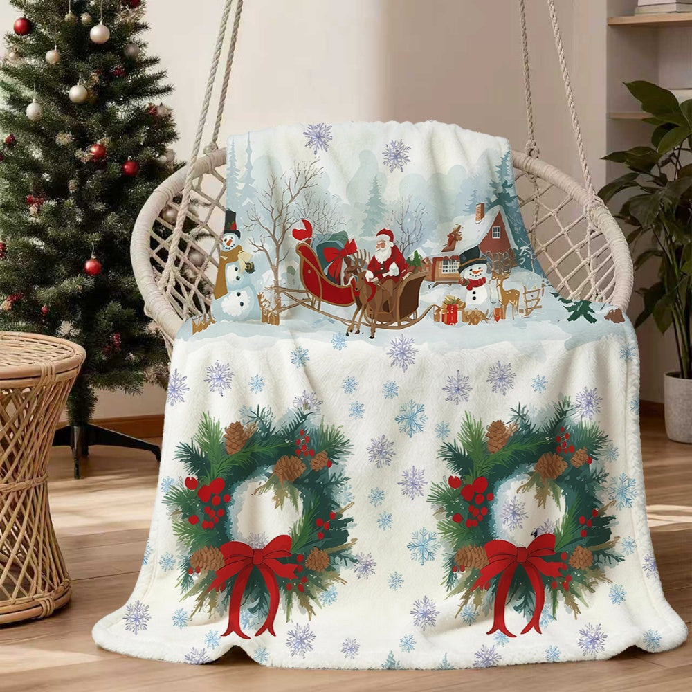 1pc Christmas Snowy Scenery And Wreath Pattern Flannel Blanket, Soft Comfortable Warm, White Background Design, All-Season Sofa Blanket, Warm Cover, Multiple Sizes Available, Suitable for Living Room Sofas, Bedroom, Office Rest, Holiday Decor