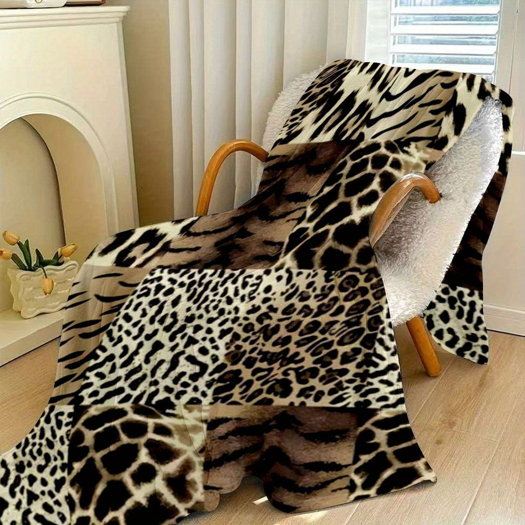 1pc 2D Flat-printed Leopard and Tiger Stripe Patchwork Blanket, Soft Flannel Throw, Beige and Black Design, All-season Warm Cover Blanket, Suitable for Living Room Sofas, Bedroom, Office Breaks, Outdoor Picnics, and Camping, 2D Flat