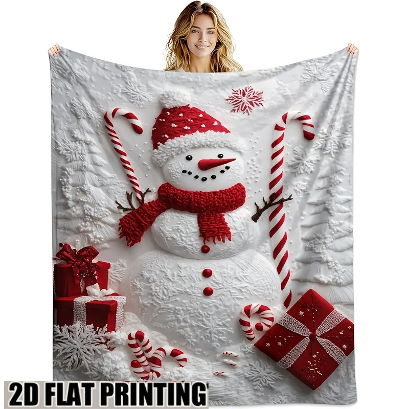 1pc Christmas Snowman and Candy Cane Themed White Flannel Large Blanket, Festive Atmosphere Design, Oversized Throw Blanket, Winter Decoration, Durable Plush Surface, Suitable for All Seasons, Ideal for Holiday Home Decor, Home Naps, and Balcony
