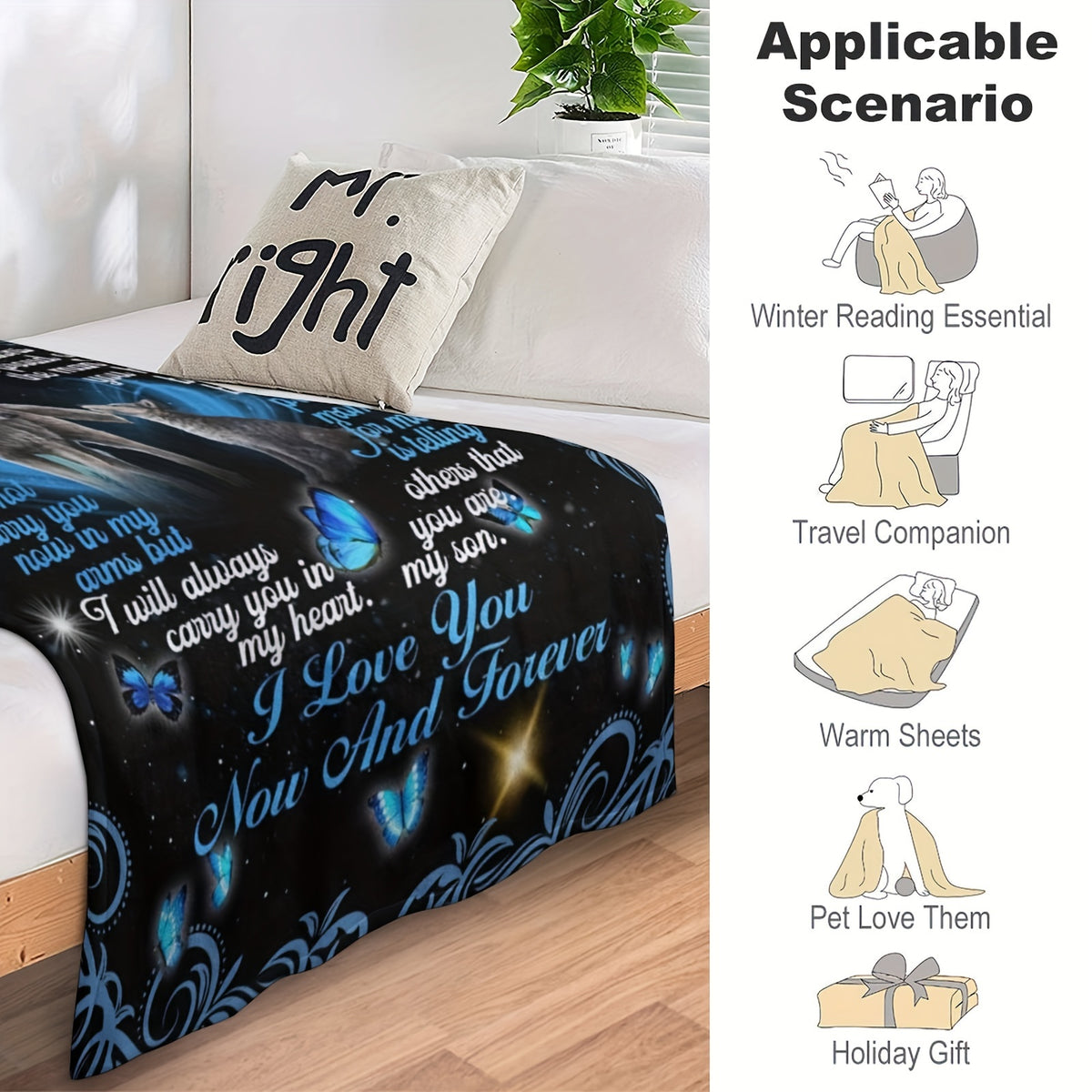 Comfortable Flannel Blanket Soft, Son, I Love You Now and Forever, Warm and Lightweight, Suitable for All Seasons, Perfect for Sofa, Bed, Travel, Camping, Etc., Ideal Holiday Gift for Christmas, Halloween, or Any Occasion, 1pc