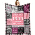 1pc a Soft Flannel Throw Blanket Designed for Women Celebrating Their 80Th Birthday, Featuring Vintage-Style Messages from 1945, with Pink And Black/White Stripes. It'S Machine Washable And Suitable for All Seasons