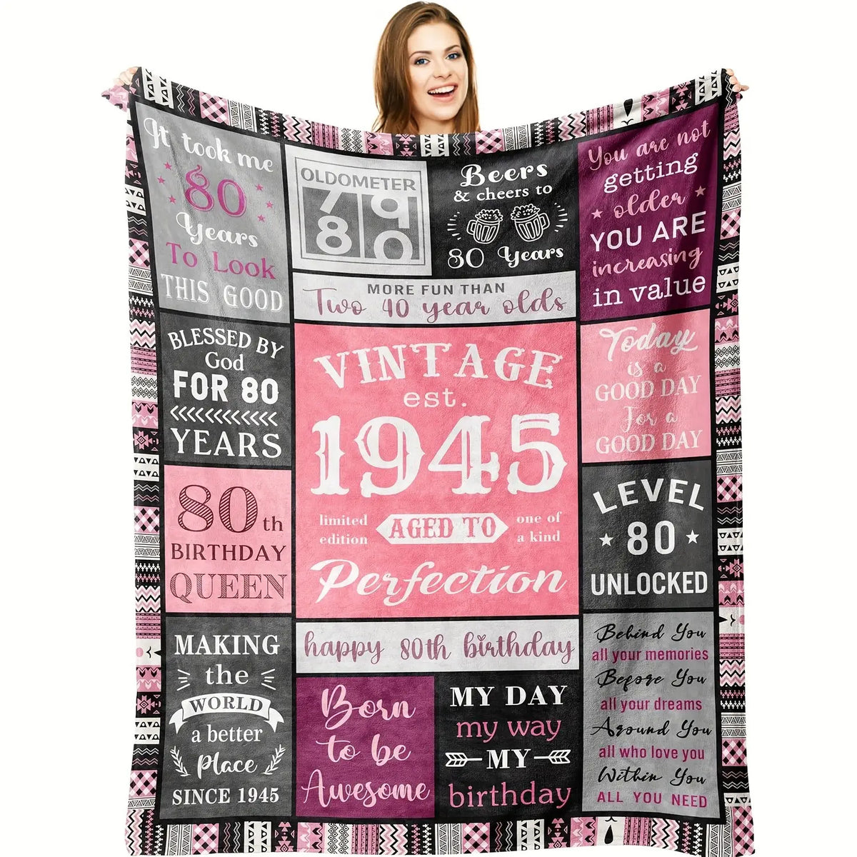 1pc a Soft Flannel Throw Blanket Designed for Women Celebrating Their 80Th Birthday, Featuring Vintage-Style Messages from 1945, with Pink And Black/White Stripes. It'S Machine Washable And Suitable for All Seasons