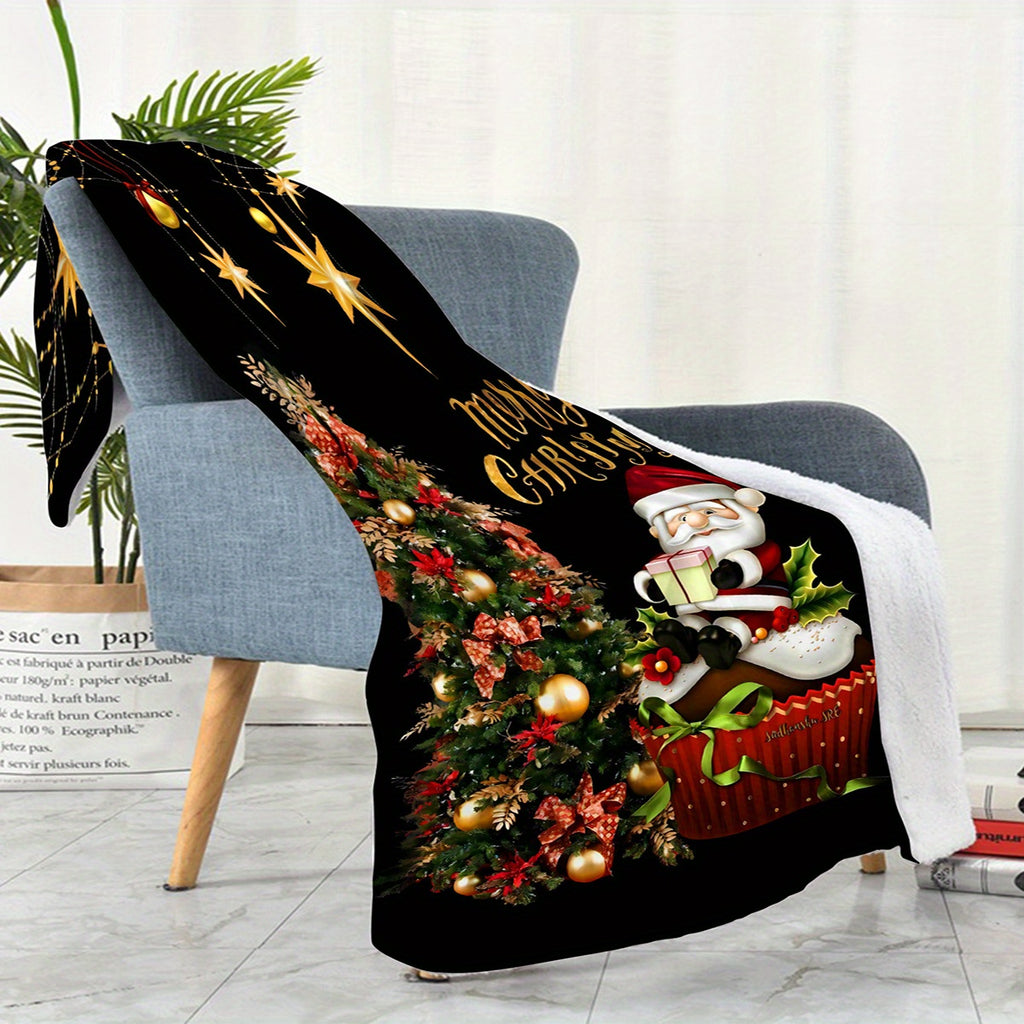 1pc 2D Flat Printing Santa Claus And Christmas Tree Theme Blanket - Soft And Comfortable, Black Background with Golden Stars And Red Decor Style, Multiple Sizes Available, Suitable for Living Room, Bedroom, Sofa, Sofa Headrest, And Holiday Decor