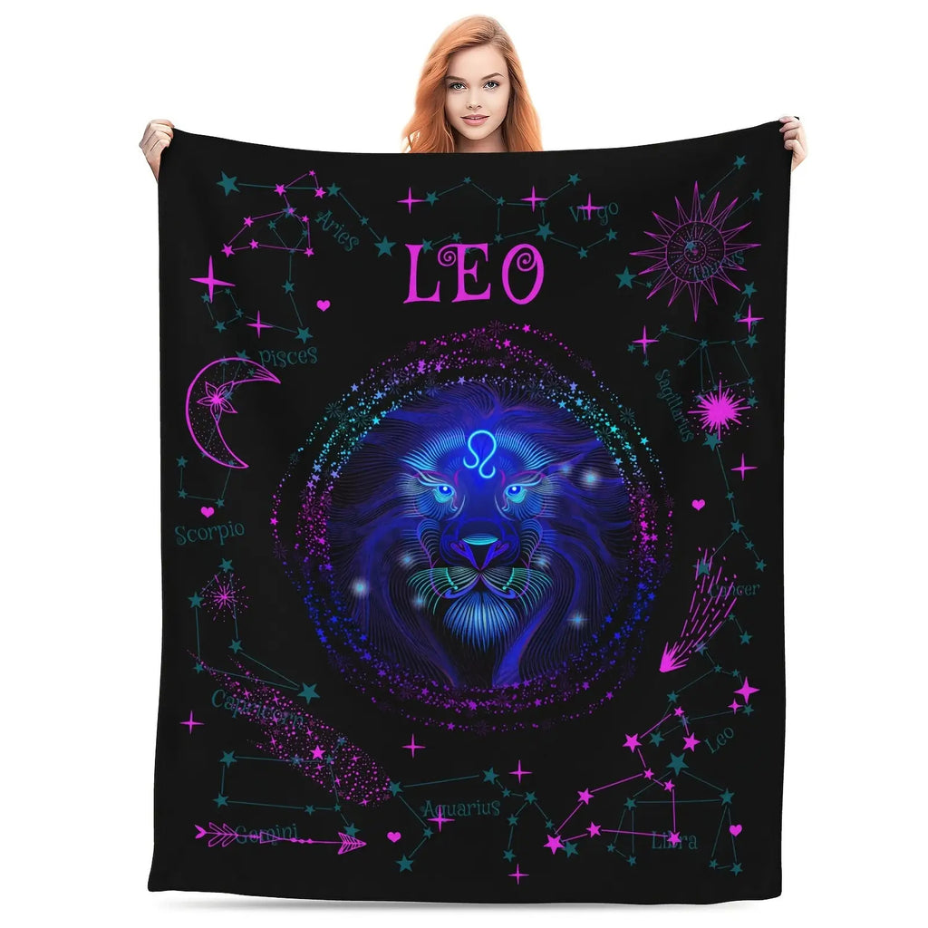 1pc a Leo-Themed Zodiac Constellation Blanket Featuring Stars And Astrological Symbols, Measuring 60 Inches by 80 Inches. This Soft Flannel Throw Is Suitable for All Seasons And Can Be Used for Camping Or As Home Decor. It Makes a Great Birthday Or