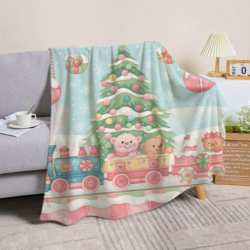 1pc, 2D Flat Christmas Tree And Little Bear Train Theme Flannel Blanket, Soft Comfortable Warm, Blue Pink Festive Design, Durable Plush, All Seasons, Warm Cover, Suitable for Weekend Sofa Naps, Reading Time, Bedroom Bed Use