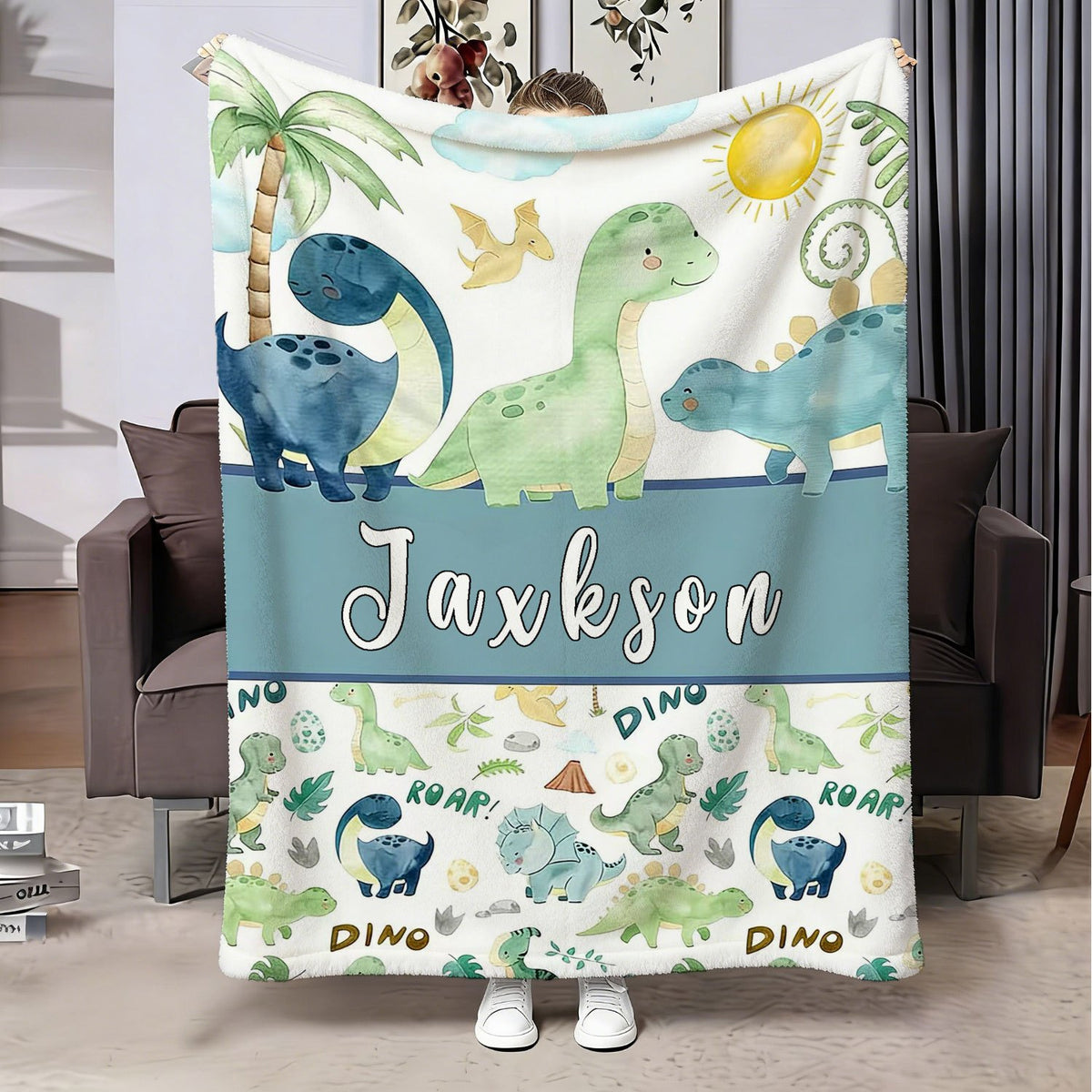 Personalized Custom Name Blanket, Outdoor Enthusiast Gift Plush Blanket, All-Season Universal Gift Blanket, Cartoon Little Dinosaur Fleece Blanket, Suitable for Home And Travel, Comfortable Personalized Blanket