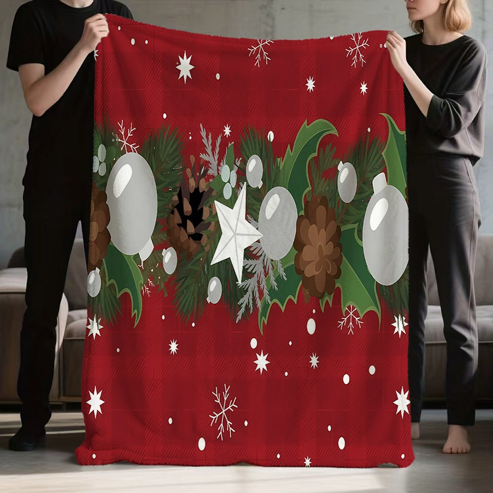 1pc Christmas Holiday Pinecone Snowflake Pattern Red Flannel Blanket, Soft Comfortable Warm, Winter Warm Blanket, Suitable for Living Room Sofa, Bedroom Sofa, Casual Reading, Home Relaxation, And Holiday Decor