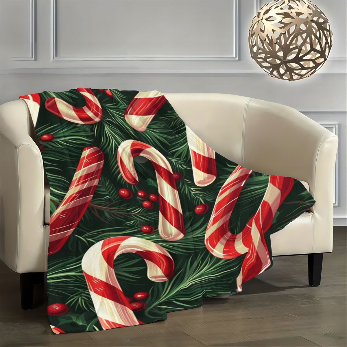 Christmas Candy Cane Theme Digital Printed Flannel Blanket - 100% Fiber, Suitable for Light and Warm Adaptation in All Seasons, Shop, Sofa and Other Scenes