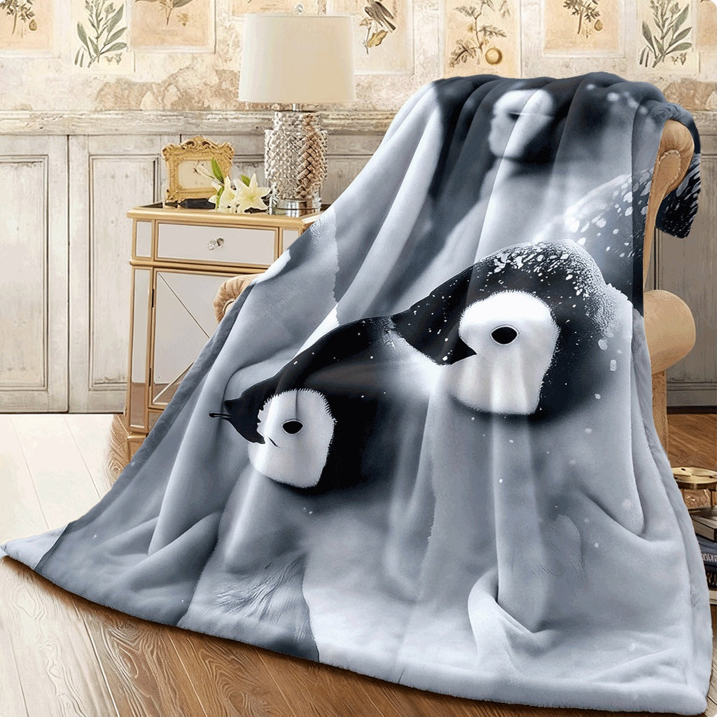 1pc Ultra-Soft Flannel Blanket with Cute Snowy Penguin Print Cozy Warm Throw for Sofa All-Season Comfort Fabric Charming Winter Animal Design for Room Decor Snuggling