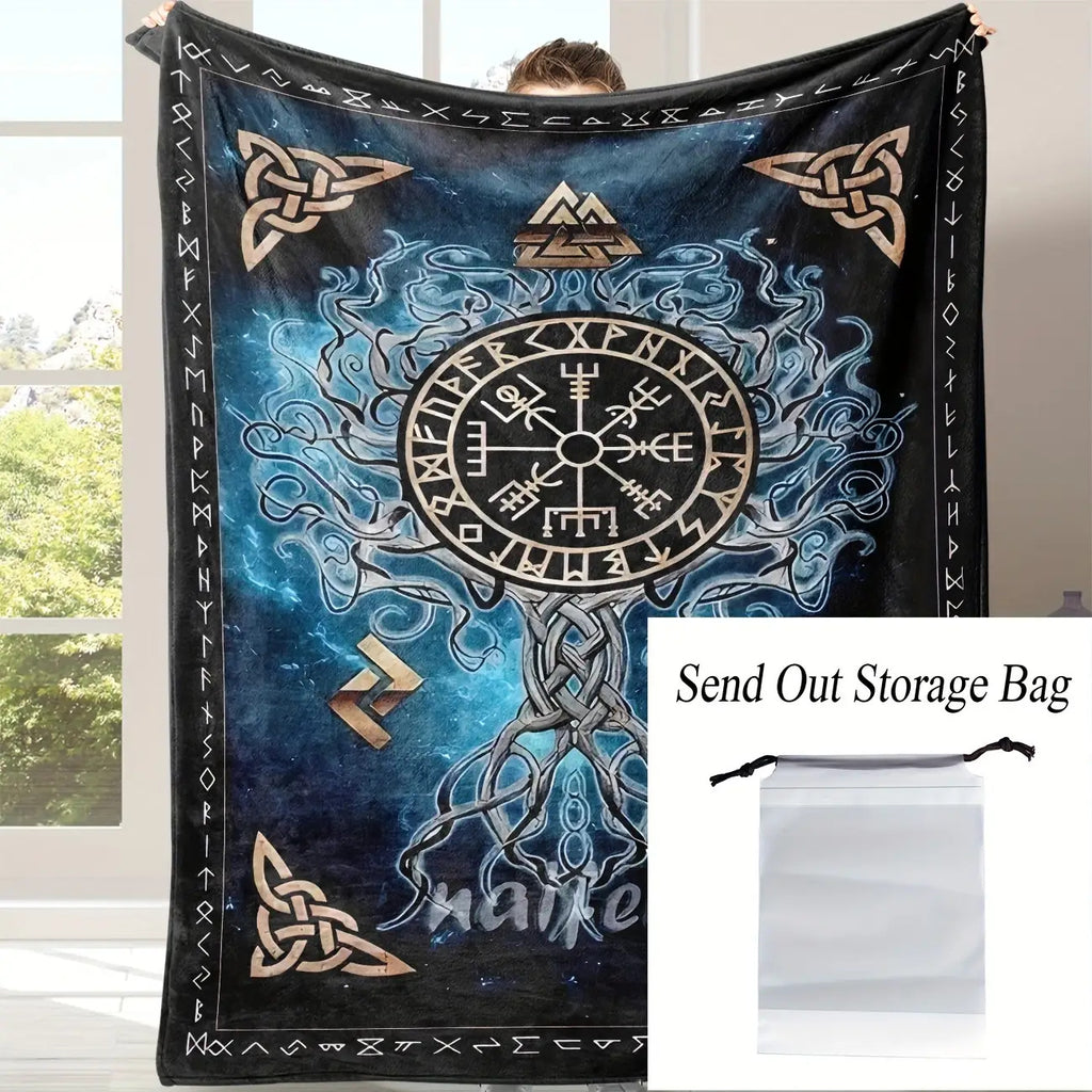 Cozy Viking Norse Flannel Throw Blanket - Celtic Knot & Rune Symbols with Odin's Rune Staff & Valknut - All-Season Soft for Couch,, Travel - Viking-Inspired Gift for & ( Mythology Design)