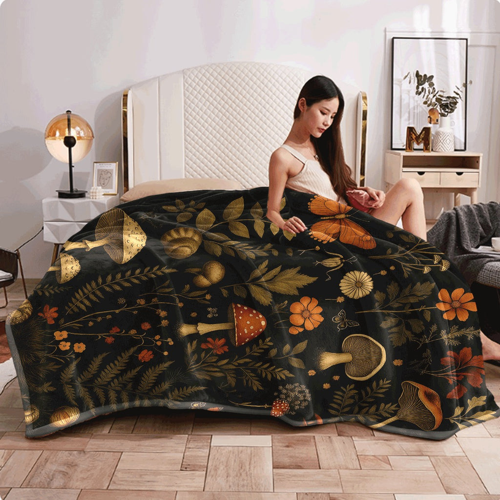 1pc Vintage Style Mushroom & Floral Print Flannel Throw Blanket Soft Warm Hypoallergenic Machine Washable Tear Resistant All-Season Cozy Sofa Office Blanket Ideal for Napping Mult