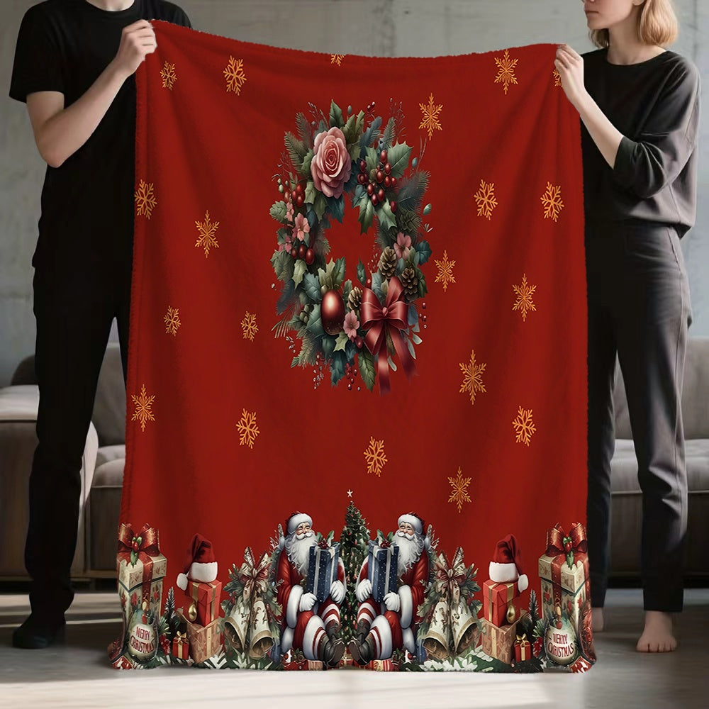 1pc Christmas Wreath and Santa Claus Themed Red Flannel Blanket, Soft, Comfortable, and Warm, Festive Design, All-season Universal Throw, Warm Lap Blanket, Multiple Sizes Available, Suitable for Living Room Sofas, Bedroom, Reading Nooks