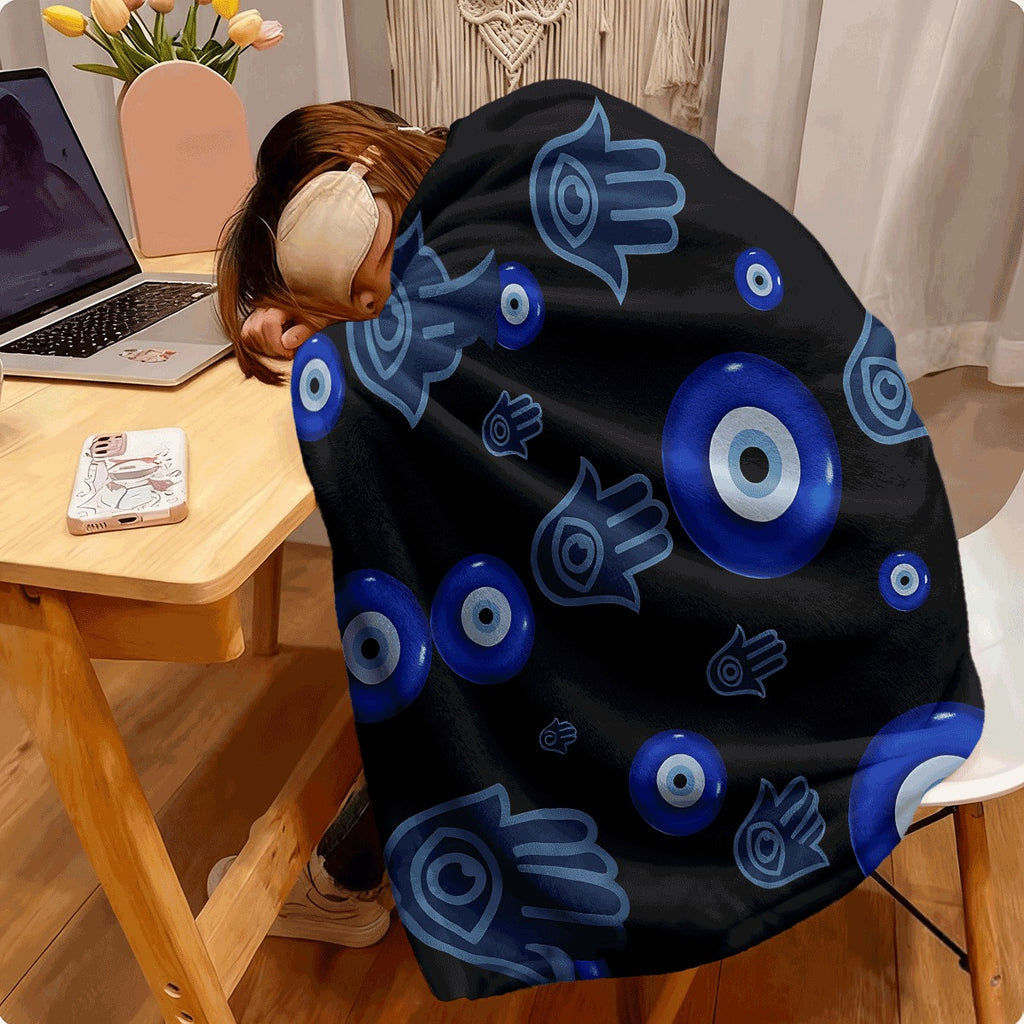 1pc Soft Flannel Throw Blanket Black Background with Blue Hamsa Hand And Evil Eye Pattern Cozy Warm Decorative Blanket for Sofa All-Season Comfort Machine Washable