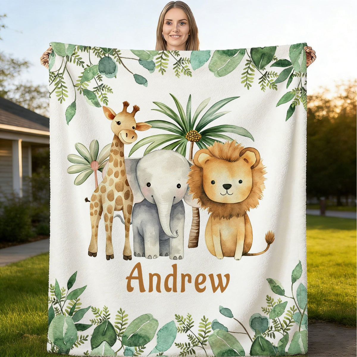 Personalized Custom Name Blanket, Cartoon Zoo Pattern Fleece Blanket, Gift for Outdoor Enthusiasts, All-Season Plush Blanket, Suitable for Home And Travel, Comfortable Personalized Blanket, Ideal Holiday Gift for Family And Friends