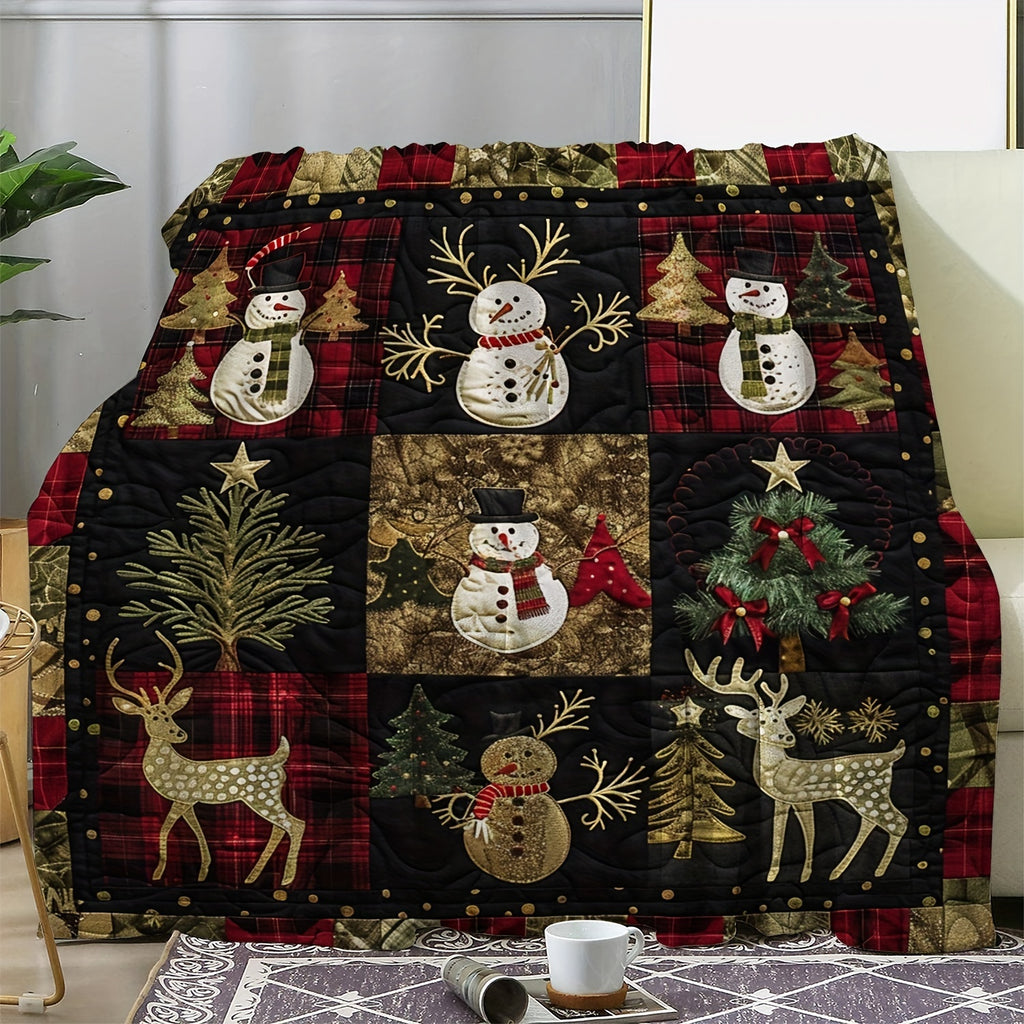 1pc, Christmas Snowman and Reindeer Pattern Flannel Blanket with Red Plaid Border, Soft, Comfortable, and Warm, Designed in Black, Red, and Golden as the Main Colors, with a Durable Plush Surface. A Four-season Universal Sofa Blanket and Warm Throw