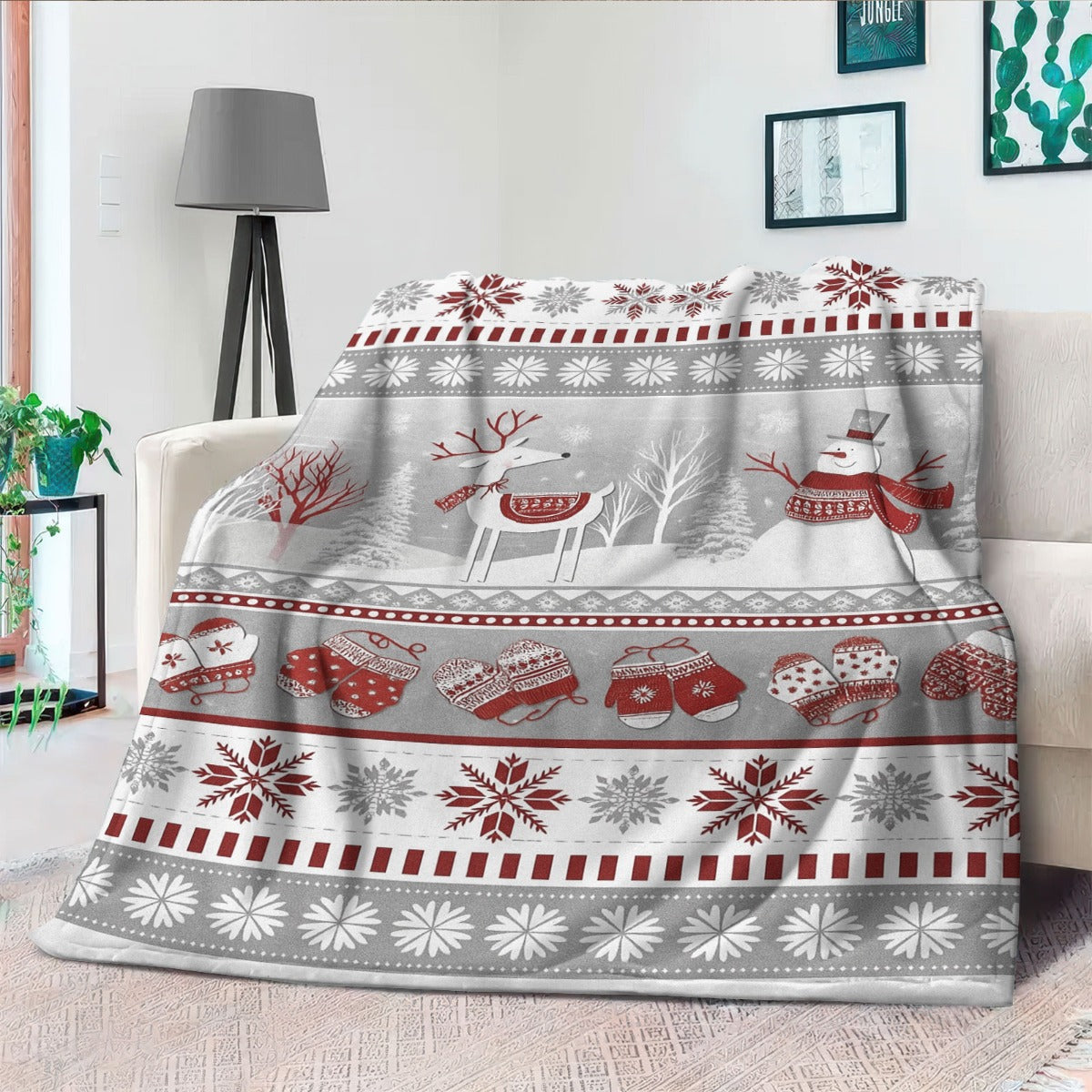 Ultra-Soft Thermal Flannel Blanket in a Comfortable Retro Design with Reindeer And Snowman Motifs, Perfect for Sofas Or Travel. Ideal for Holiday Gifts, This Vintage-Inspired Blanket Features a Holiday Motif