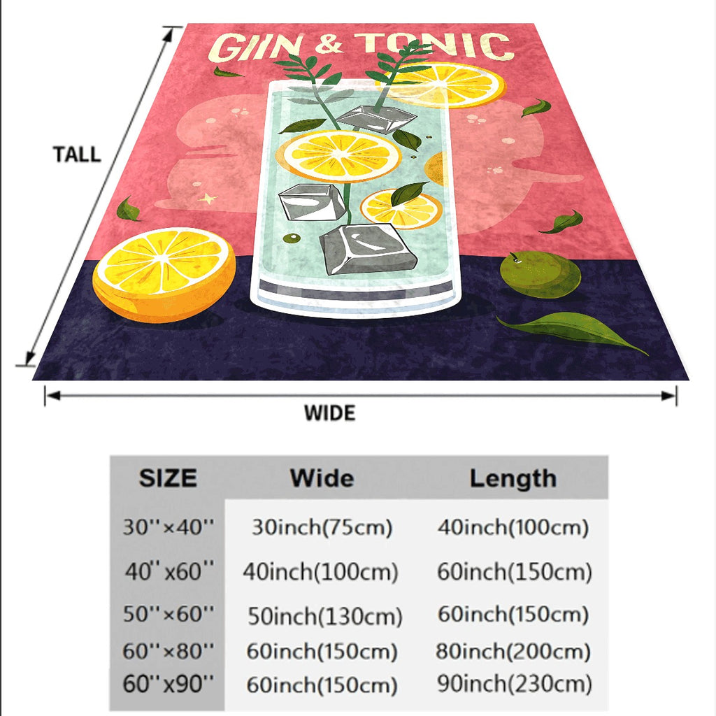 1pc Gin & Tonic Flannel Blanket Vibrant Retro Roostertail Print with Lemons Ice and Herbs Soft Cozy Throw for Sofa Colorful Summer Drink Themed Flannel Fabric