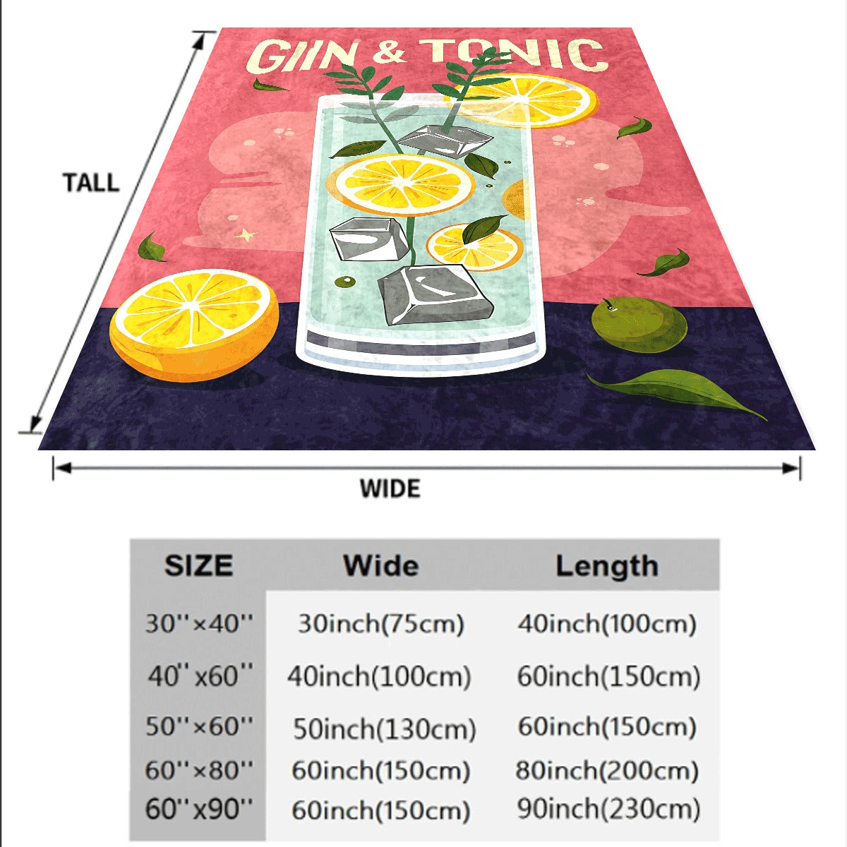 1pc Gin & Tonic Flannel Blanket Vibrant Retro Roostertail Print with Lemons Ice and Herbs Soft Cozy Throw for Sofa Colorful Summer Drink Themed Flannel Fabric