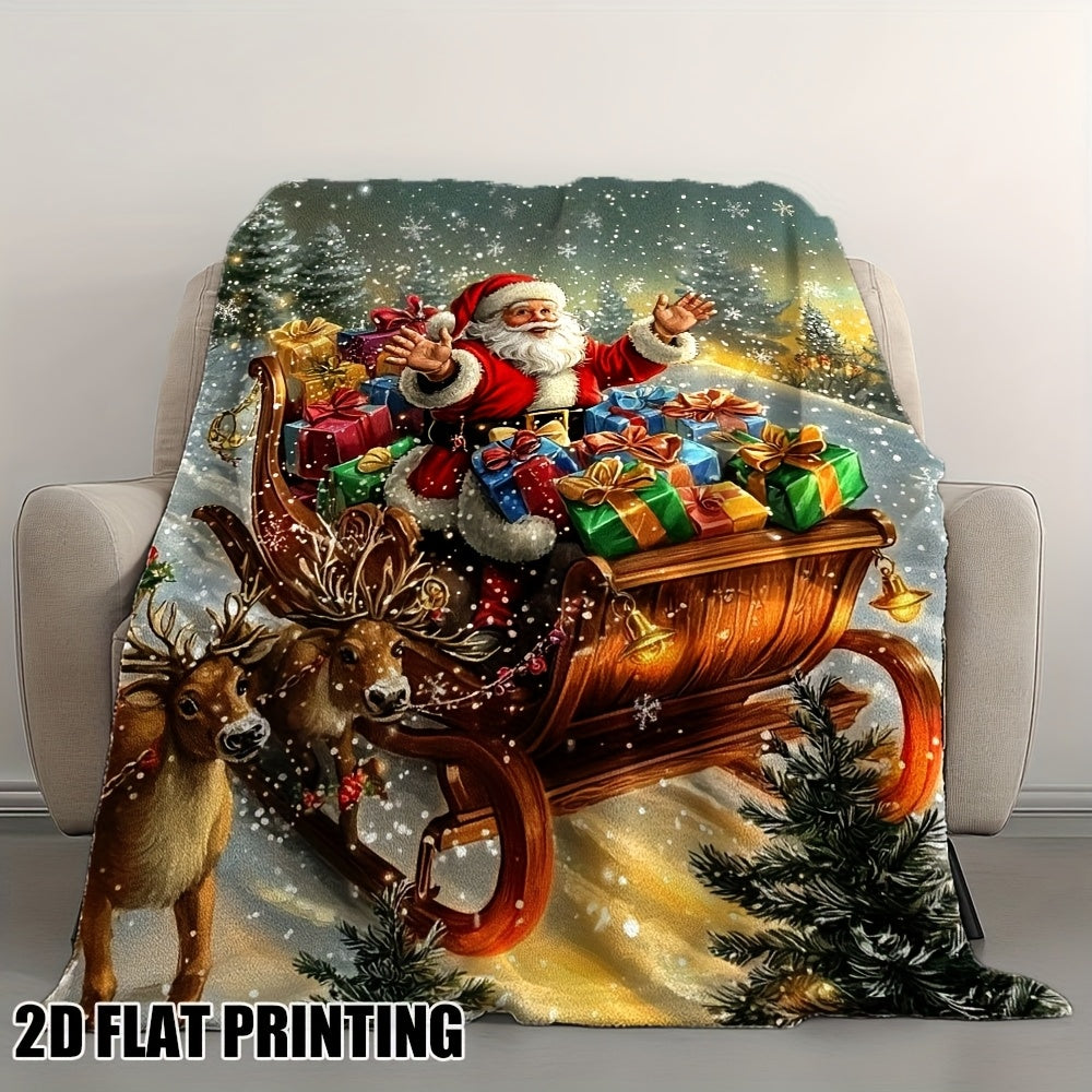 1pc Ultra-Soft 2D Flat Christmas Sleigh Trip Printed Flannel Blanket - Comfortable Double Size Sofa Blanket for, Sofa, Chairs, Office and Camping - Ideal Holiday Gift for All Seasons, 2D Flat