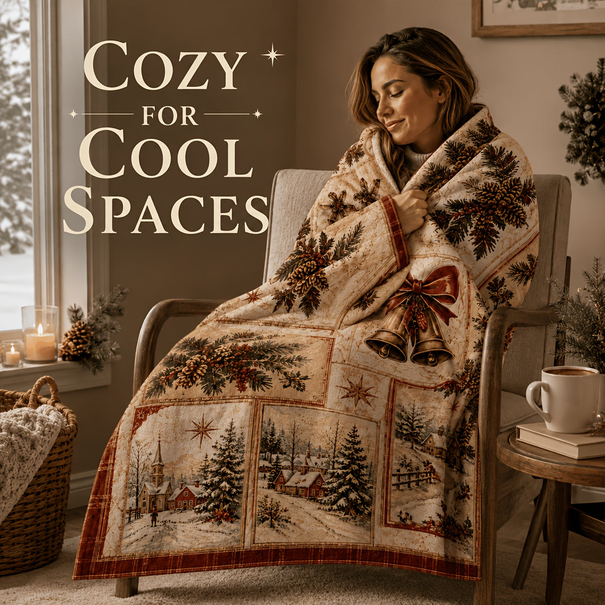Blanket, Vintage Christmas Postcard Blanket Nostalgic Snow Village Pine Branches Red Fruit Bells Living Room Sofa Bedroom Lunch Break Blanket