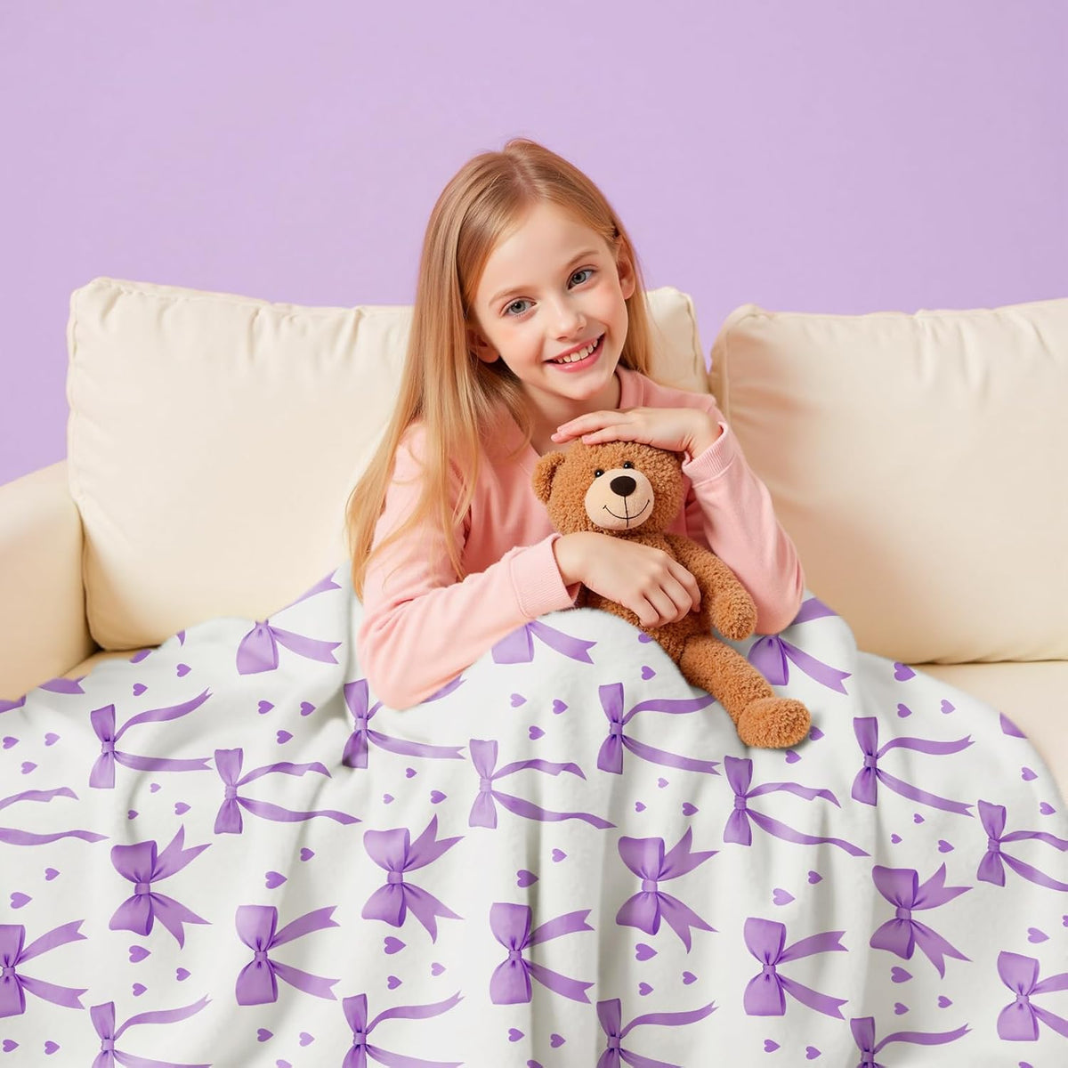 for Lotus Karen Bow Blanket 60x80 Inch Soft Lightweight Flannel Throw Blanket with Purple Bow Christmas Birthday Valentine's Day Gifts for Girls Women Coquette Preppy Decor for Bedroom Dorm Bed Sofa