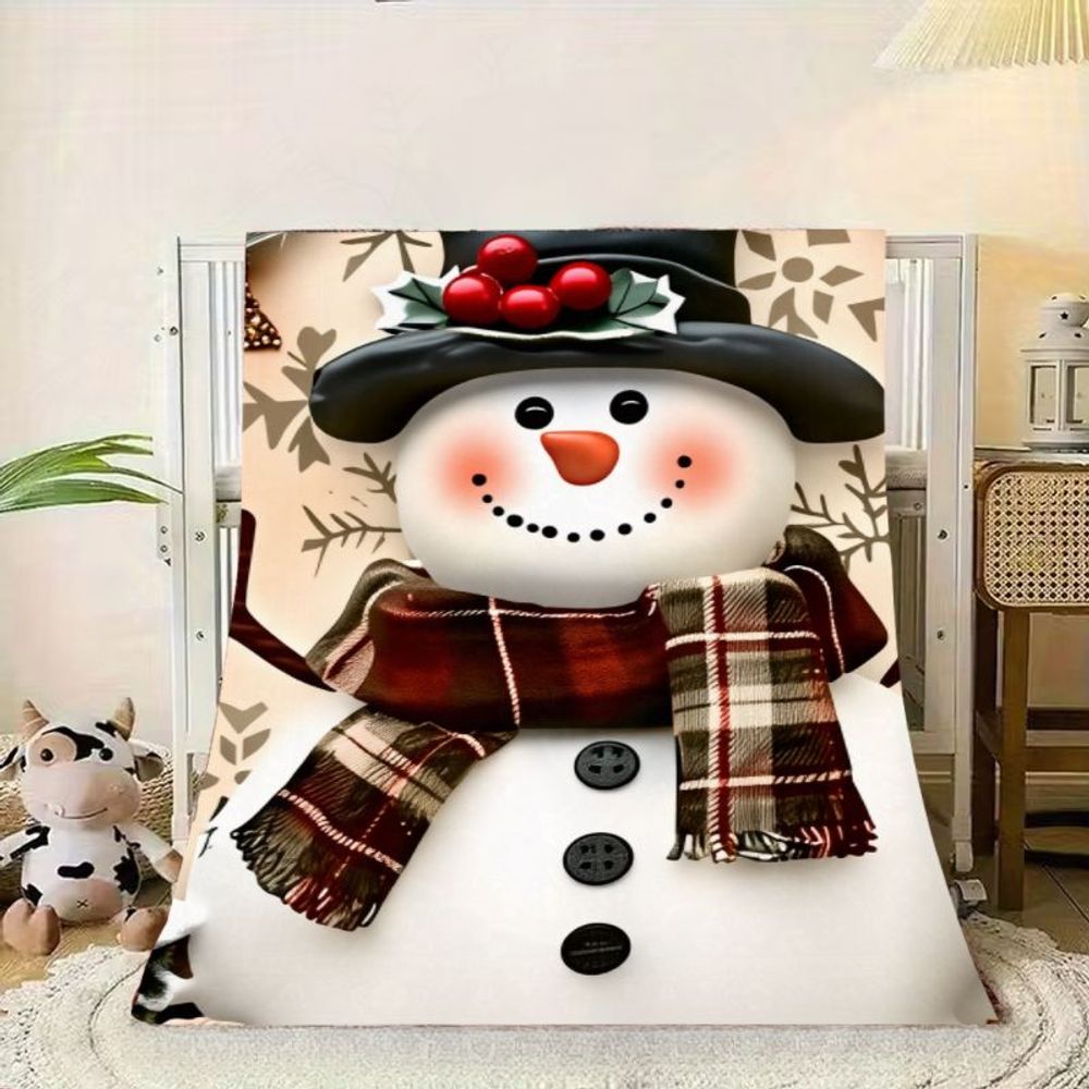 1pc Parabolic Blanket with Happy Snowman And Snowflake Edges, Comfortable Winter Theme, Soft Material, Decorated with Holly And Pinecones, Perfect for Living Rooms, Bedrooms, And Holiday Gifts