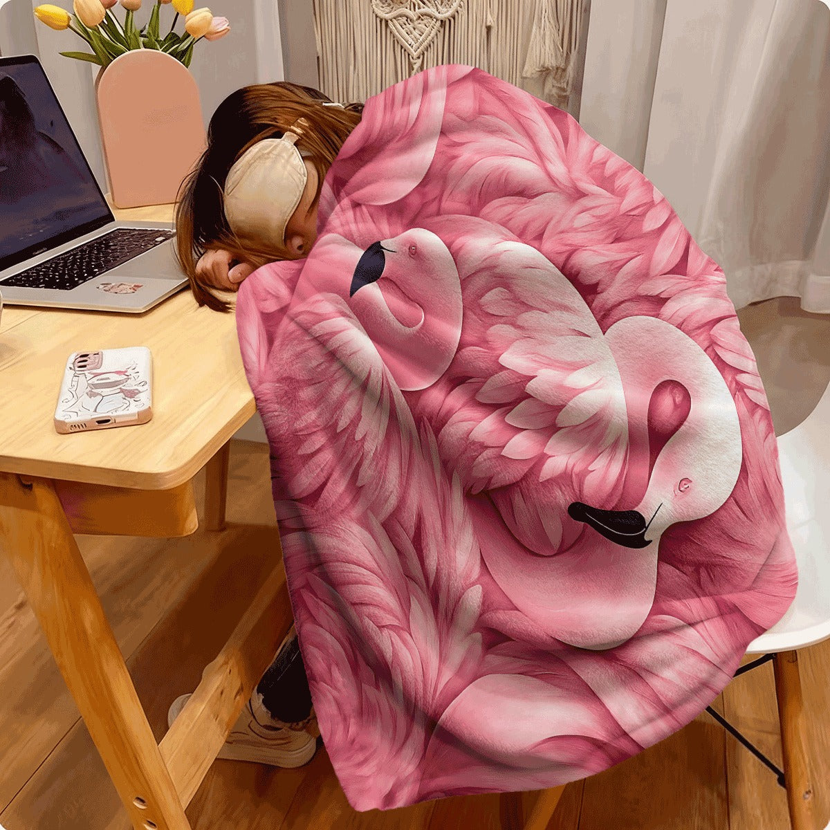 1pc Blush Pink Flamingo Patterned Flannel Blanket Soft Cozy All-Season Throw with Feathery Texture for Couch Sofa Lightweight Fleece Material with Exquisite Flamingo Prints