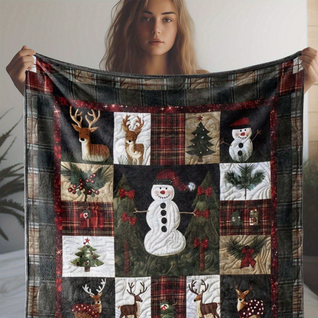 1pc, Christmas Snowman And Reindeer Pattern, Cozy Festive Style Flannel Blanket, Soft Comfortable Warm, Red And Black Plaid Design, Durable Plush Surface, All-Season Sofa Blanket, Warm Throw Blanket, Multiple Sizes Available