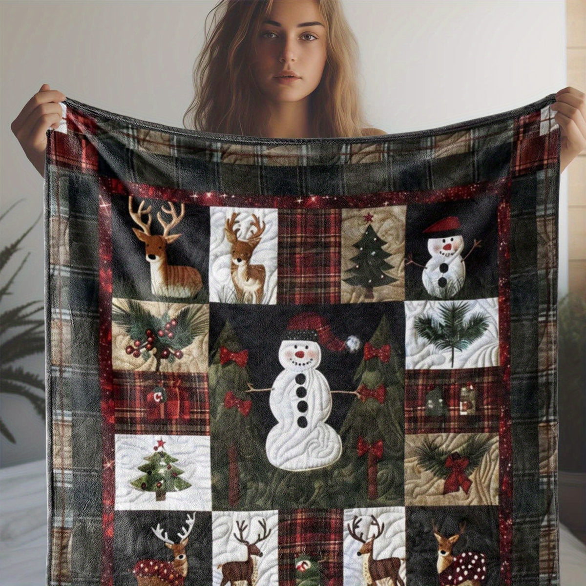 1pc, Christmas Snowman And Reindeer Pattern, Cozy Festive Style Flannel Blanket, Soft Comfortable Warm, Red And Black Plaid Design, Durable Plush Surface, All-Season Sofa Blanket, Warm Throw Blanket, Multiple Sizes Available