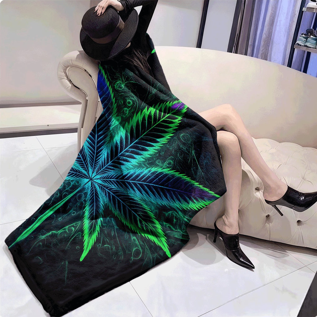 1pc Luminous Leaf Flannel Blanket Dark Background with Glowing Blue & Green Leaf Design Cozy Soft Throw for Couch All-Season Warm Fabric Blanket