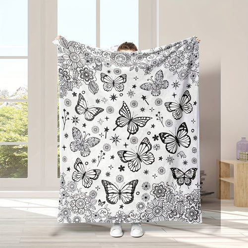 1pc Black and White Butterfly Floral Pattern Blanket, Butterfly Print Design, Throw Blanket, Soft Flannel Plush Surface, Lightweight and Durable, Multiple Sizes Available, Suitable for Holiday Decoration, Living Room Leisure, Bedroom Sleep