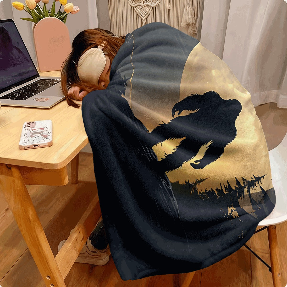 1pc Cozy Bigfoot Moonlight Flannel Throw Blanket Soft Warm & Plush with Full Moon & Forest Design Perfect for Couch Office & Camping Ideal Gift for Family & Friends Available in Multi