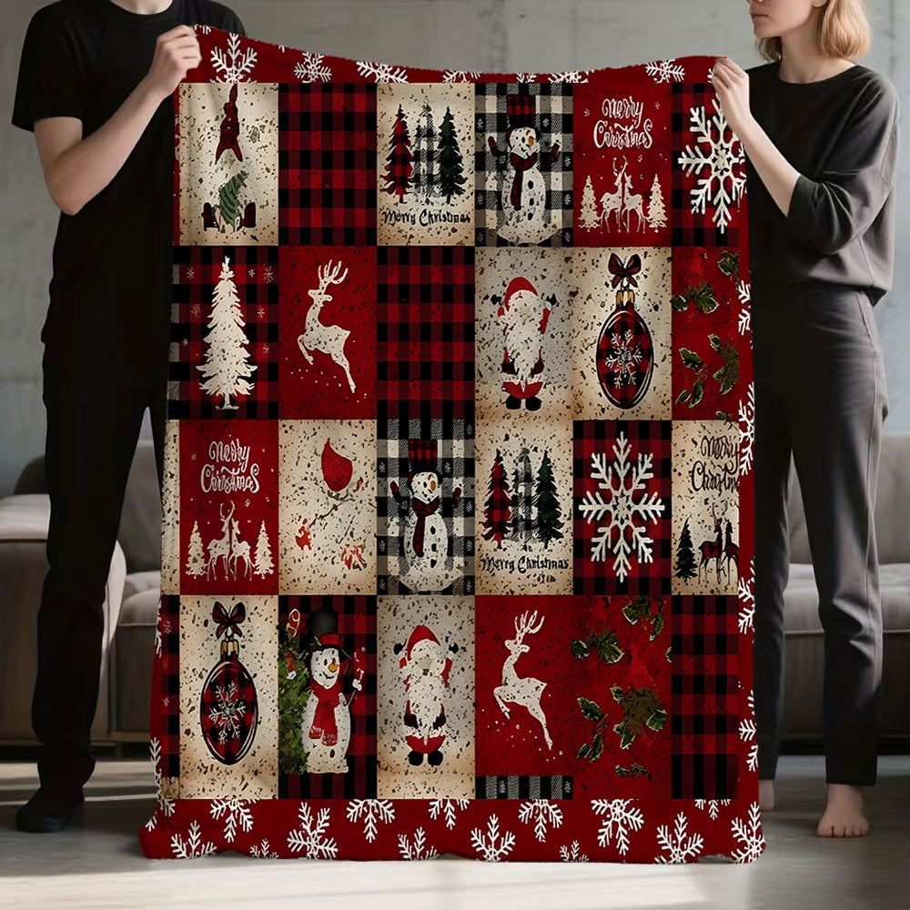 1pc Christmas Snowman And Reindeer Pattern Flannel Blanket, Soft Comfortable Warm, Red And Black Plaid Design, All-Season Blanket, Warm Cover, Multiple Sizes Available, Suitable for Living Room Sofa, Bedroom, Reading Corner, Holiday Decor