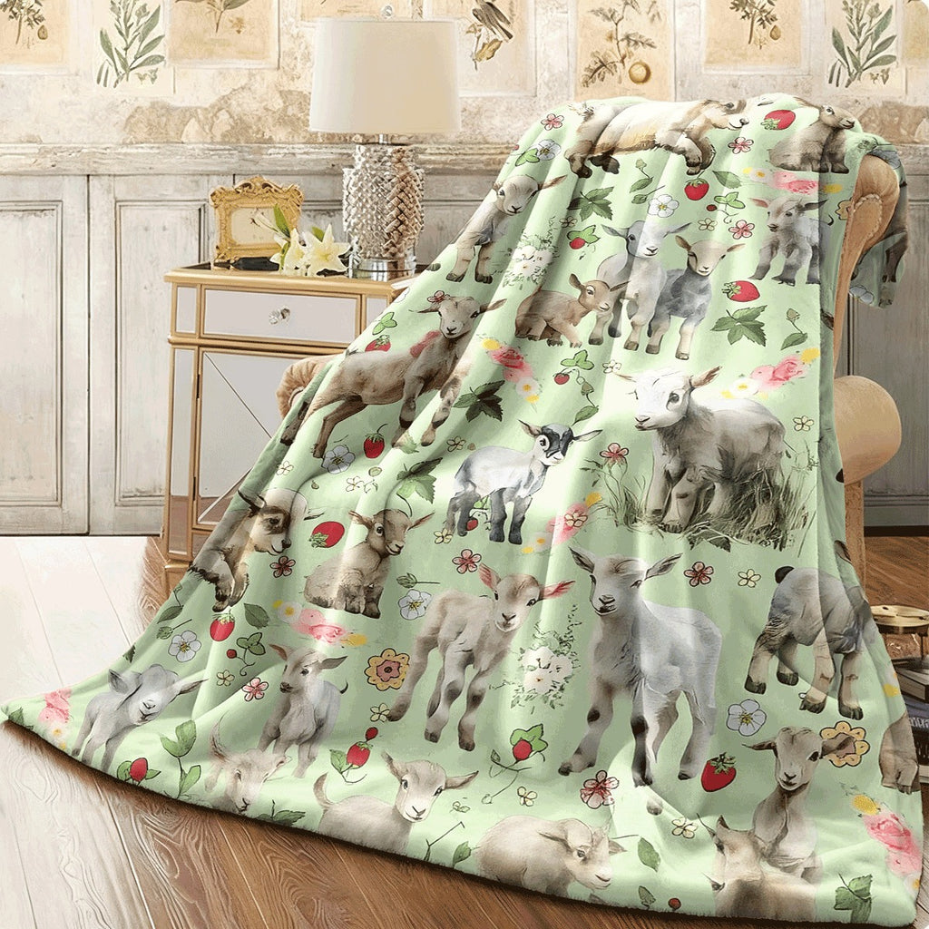 1pc Floral Goat Fleece Blanket Soft Lightweight Machine Washable Throw with Adorable Goats & Flowers Design in Green Beige Brown and White Perfect for Sofa or Chair Ideal Farm An