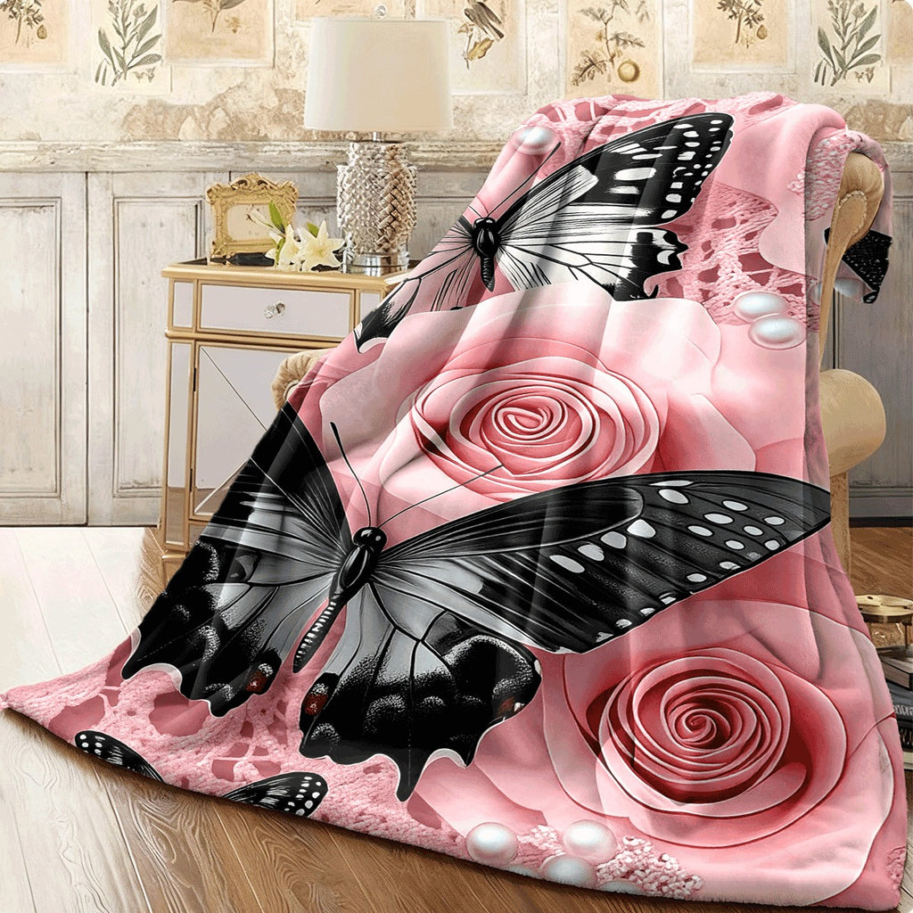 1pc One Comfortable And Beautiful Pink Rose Butterfly Romantic And Elegant Theme Pattern Flannel Blanket, Fashionable, Soft, Warm, All-Season Multifunctional Gift Print Blanket Perfect for Sofa, Bed